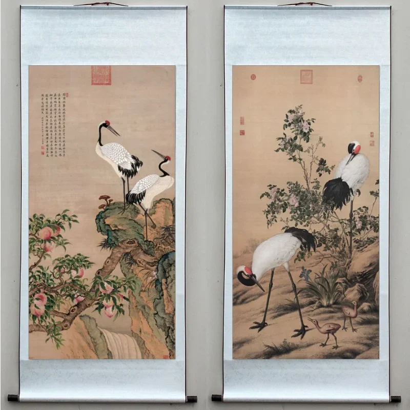 White Crane Chinese Painting Finished Scroll Calligraphy Painting Living Room Decor Birthday Celebration Picture Anime Poster