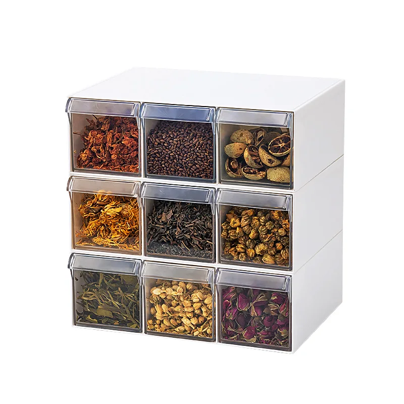 Drawer-type scented tea spice storage box, food grade transparent grid, can be stacked with six grid health tea packing box
