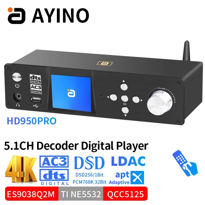 AYINO HD950PRO HDTSHD Decoder for Audio Atmos ESS9038q2m*3 4K HDMI2.0 Qcc5125 Bluetooth5.1 Adapter DSD PCM768K DAC ARC PCUSB OTG
