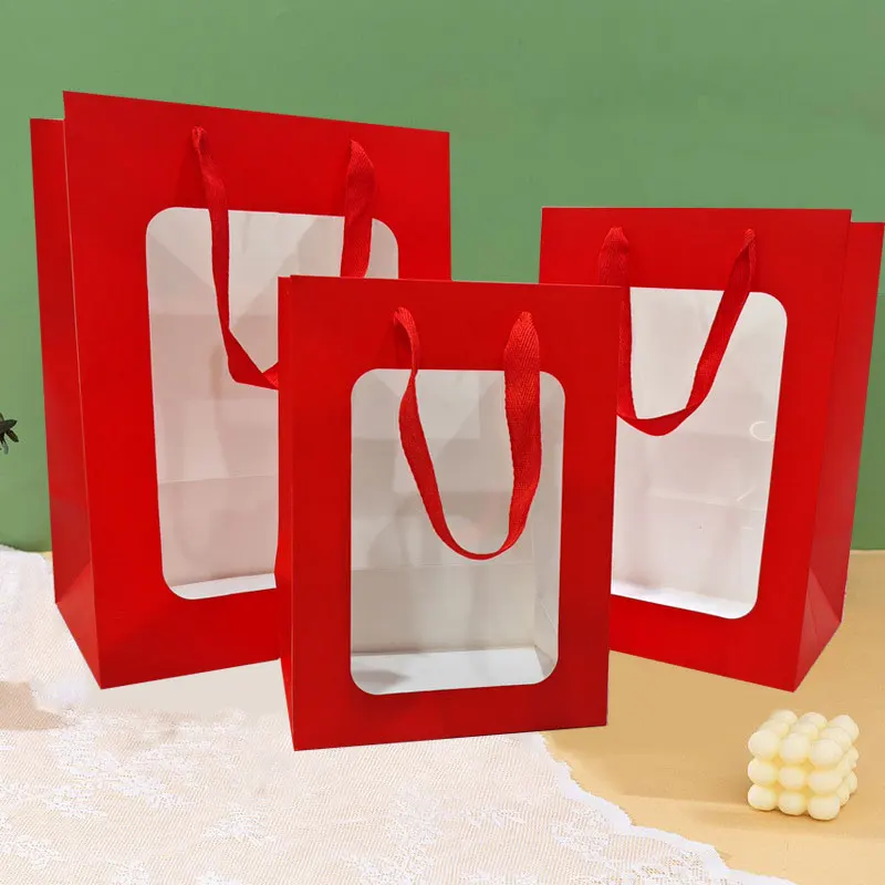 5/10Pcs Kraft Paper Gift Bags with Transparent Window, Kraft Shopping Bags with Handles for Present, Festivals Party