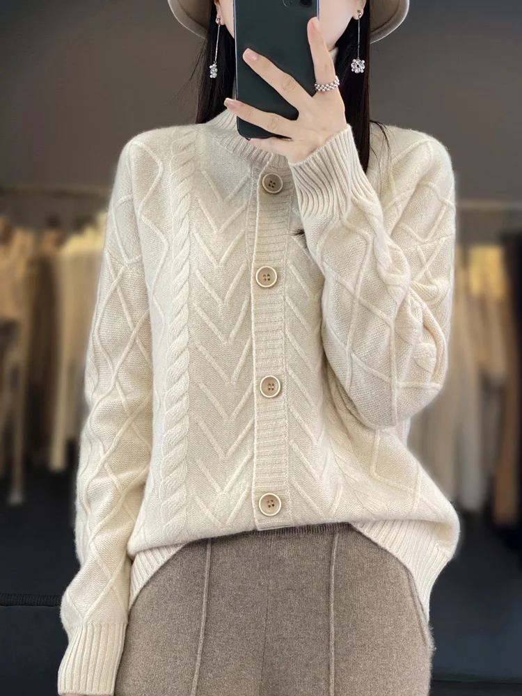 

Autumn Winter Women Thick 100% Merino Wool Cardigan Cashmere Sweater Knitwear Turn Down Collar Cable Knitting Clothing Tops