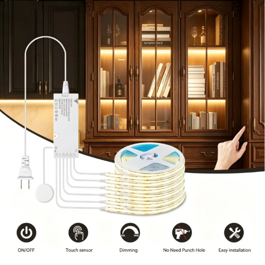 Dimmable Under Cabinet Collection Display COB LED Strip Light Bookcase Wardrobe Closet Lamp Tape Penetrable Wood Touch Sensor
