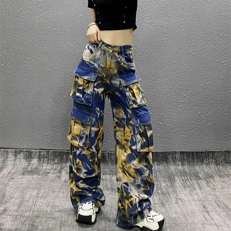 

2024 Ropa Y2K Streetwear Tie Dye Multi Pockets Baggy Jeans Cargo Pants For Women Clothes New Rock Wide Leg Hip Hop Lady Trousers