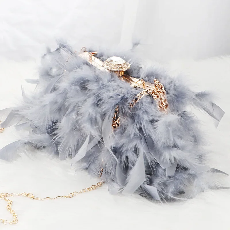 Autumn Winter Luxury Tassel Feather Evening Bag For Women Pink Gray Blue Black Fashion Party Clutches Chain Shoulder Bag Handbag