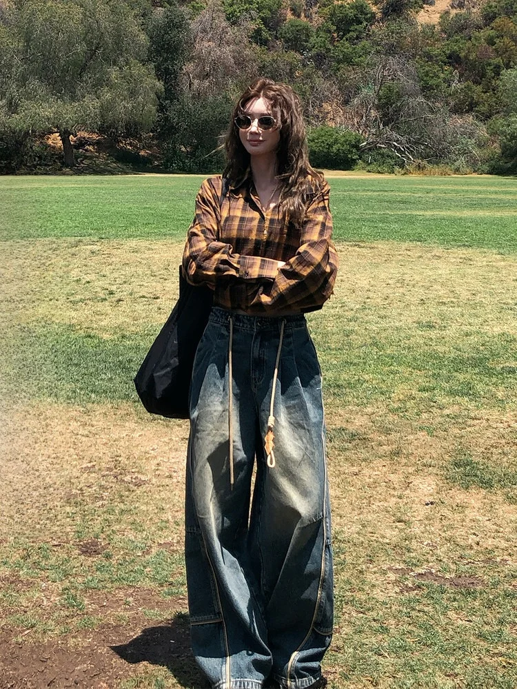 

Синие джинсы с широкими штанинами и завязками, модные, утягивающие, с высокой талией, из денима, в корейском стиле, осенняя одежда для женщин