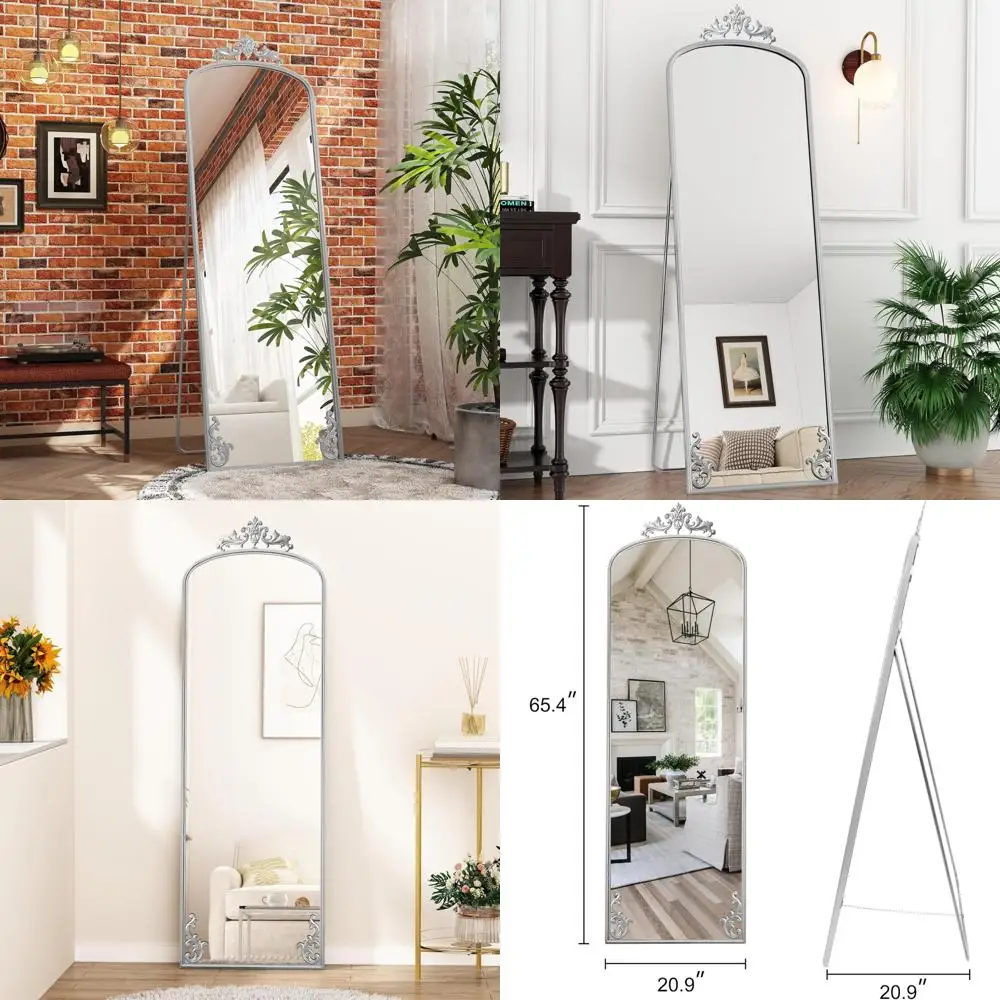 Gewölbter Bodenspiegel in voller Länge mit Ständer, silbergeschnitzter dekorativer Ganzkörperspiegel zum Anlehnen oder Aufhängen für die Wand