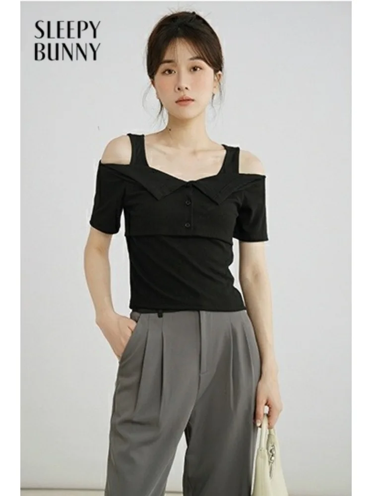 

Women Off-Shoulder Ribbed T-Shirt Lady Slim Fit Summer Top Design Chic High-Waist Style Stretchy Short-Sleeve Tee Fashion Outfit