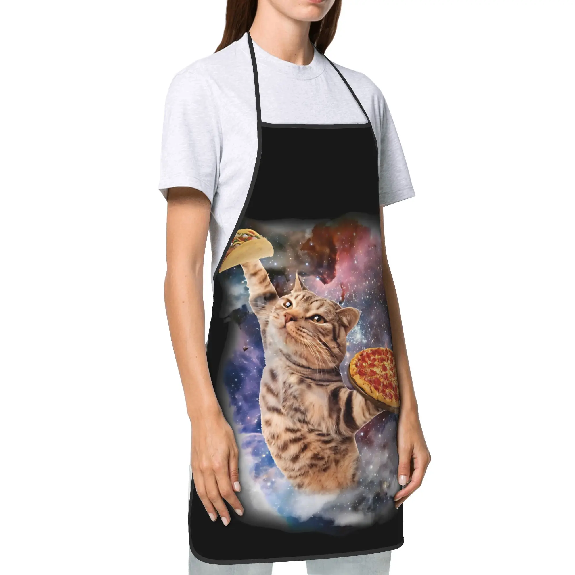 Outer Space Pizza Cat Galaxy Bib Apron Unisex Polyester Funny Cooking Adult Oil-Proof Breathable Accessories Baking