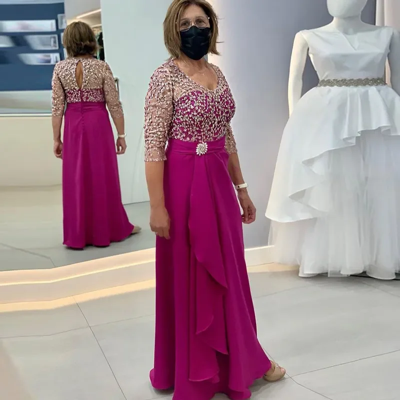 Elegante Top de encaje fucsia para madre de la novia, vestidos de gasa de media manga hasta el suelo, vestidos de invitados de boda 2024