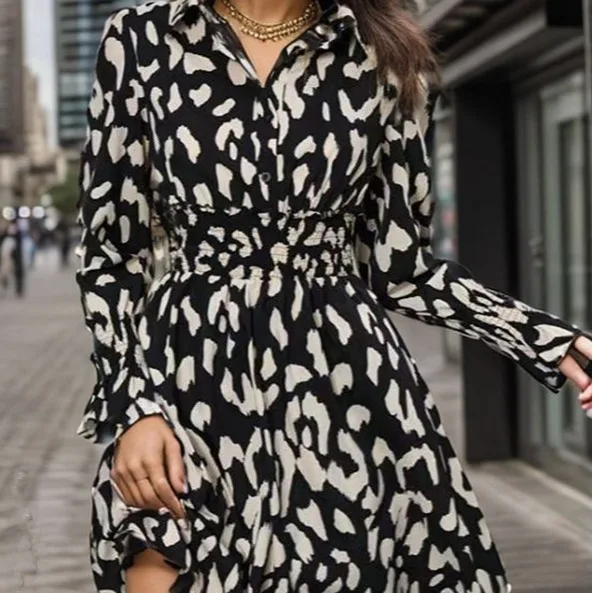 

Dress Women Print Tight High Waist Mini Dresses V Neck Full Sleeved Elegant Spliced A Line Vestidos Button Office Lady