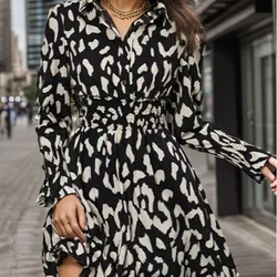 Dress Women Print Tight High Waist Mini Dresses V Neck Full Sleeved Elegant Spliced A Line Vestidos Button Office Lady