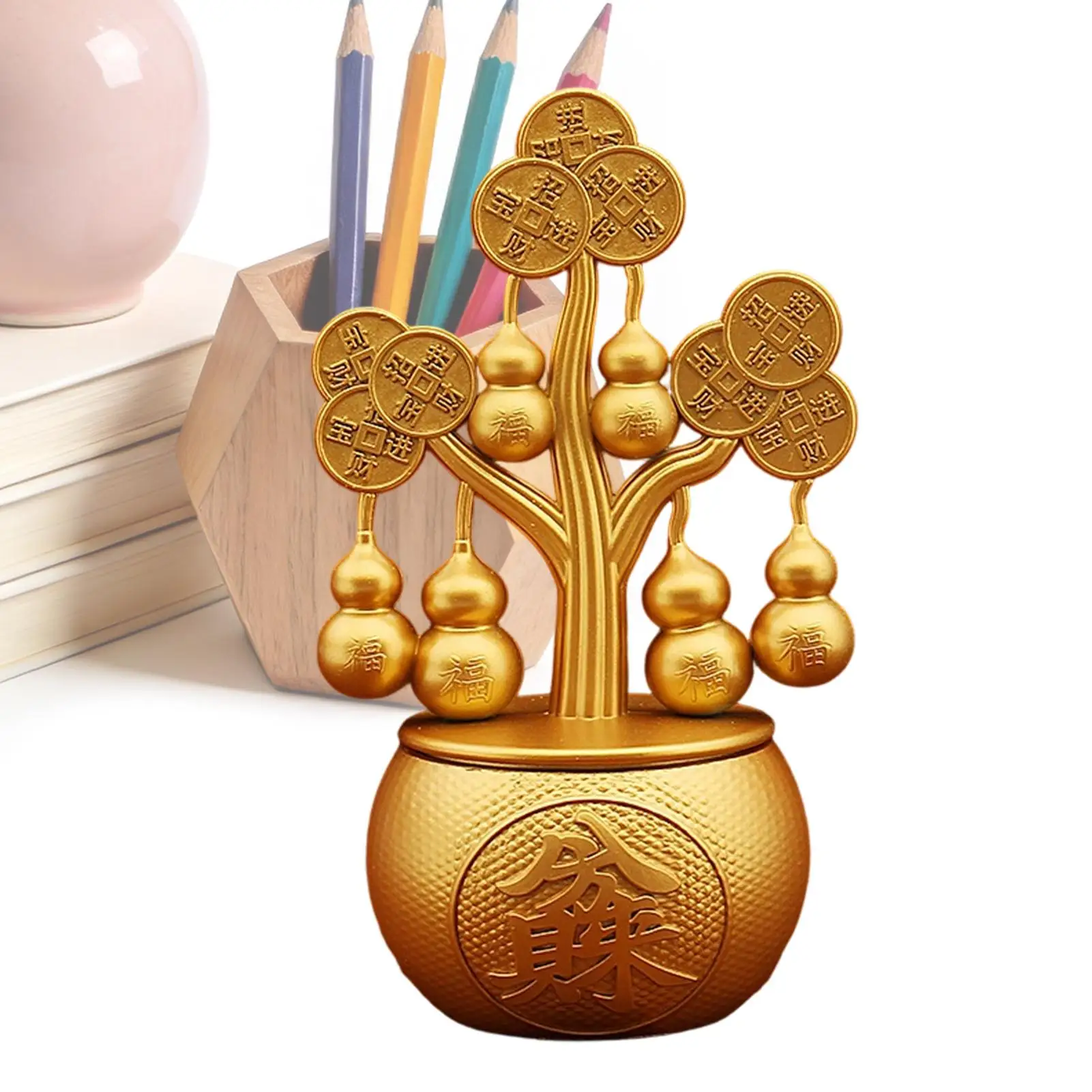Feng Shui Gourd Treasure Bowl Traditional Rotatable Tree Tabletop Treasure Statue Ornaments Bringing You Good Luck, Health