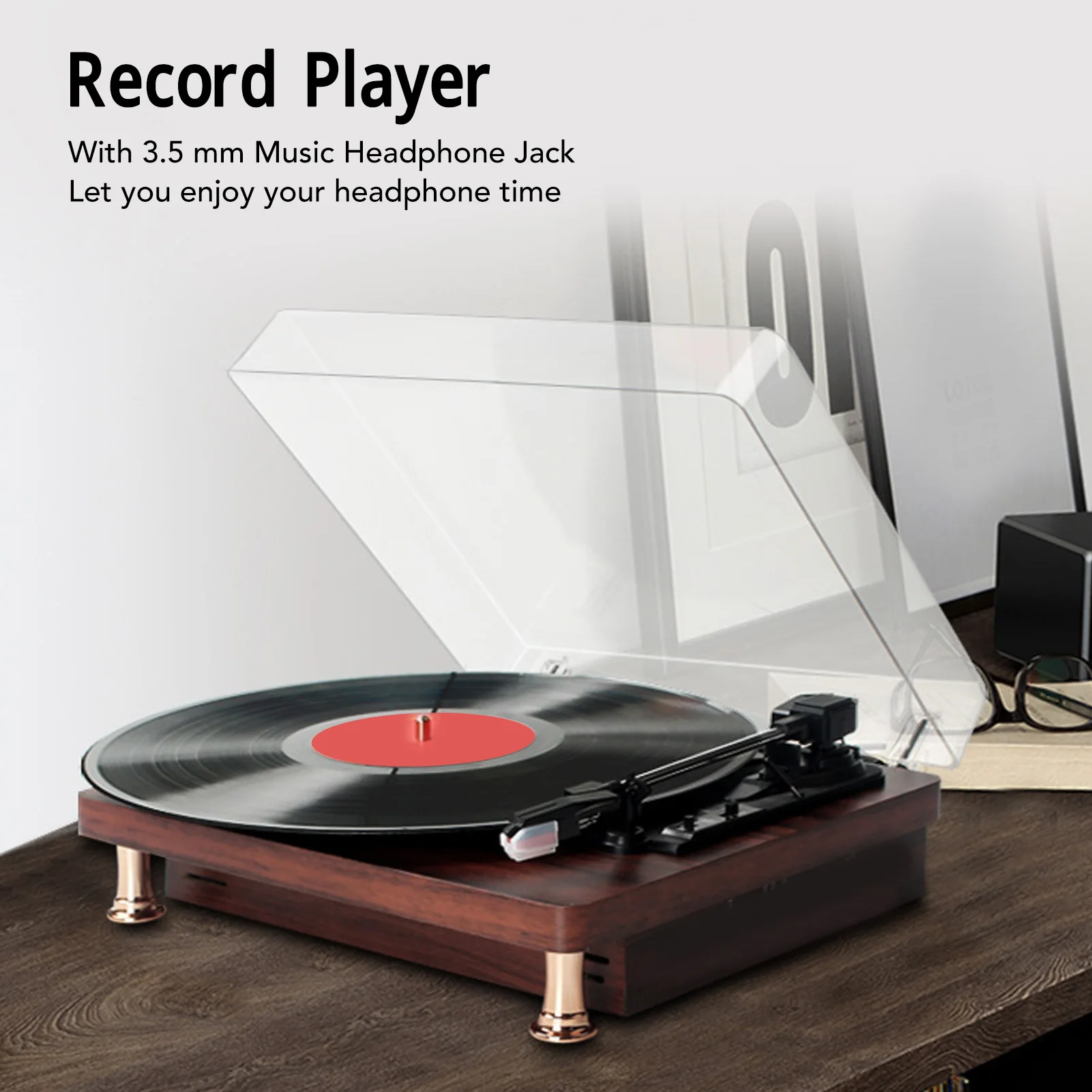 Vinyl Record Player 3 Speed Built in Stereo Speaker Vintage Turntable Phonograph with Dust Cover for Home