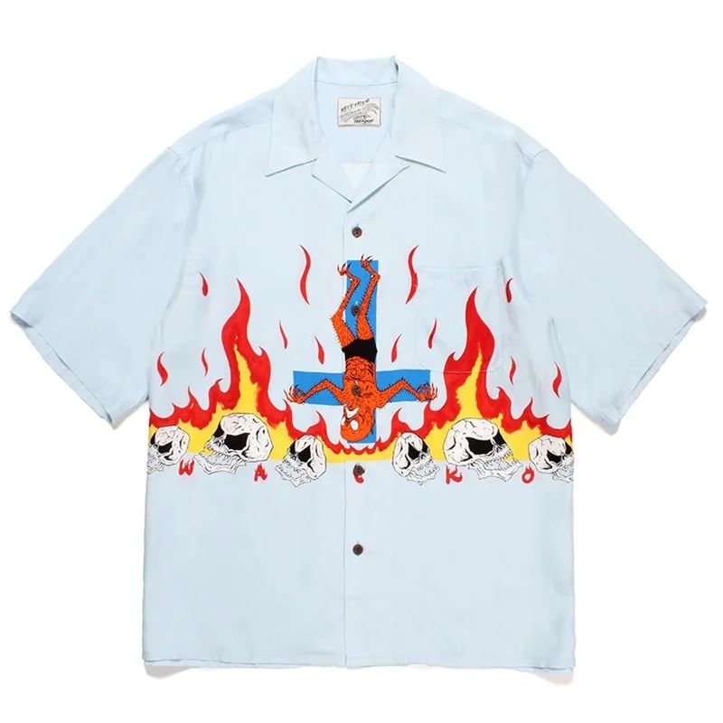 High Street Summer Multicolour Graffiti Print High Quality Mens Womens Loose Casual Brand WACKO MARIA Shirt
