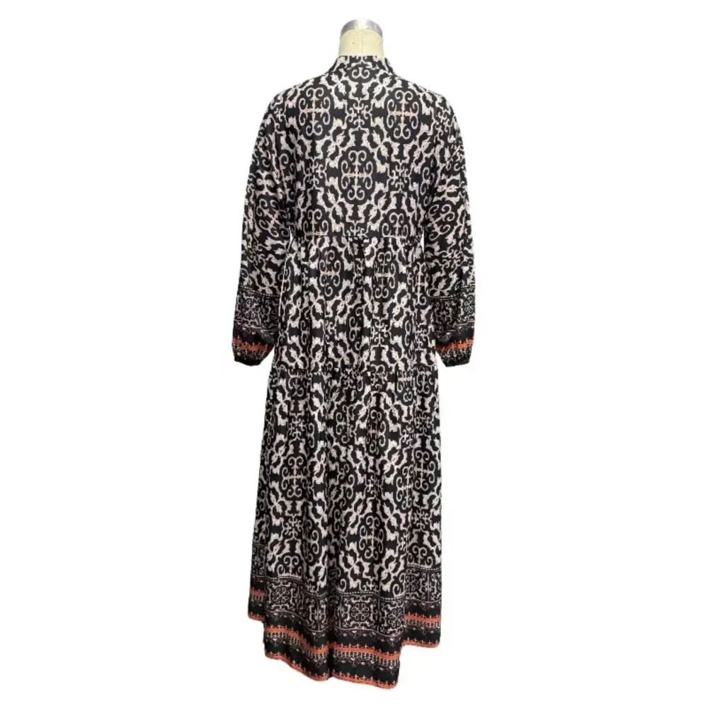 Vestido largo holgado de manga larga con cuello en V, elegante y a la moda, vestido largo informal estampado a la moda de otoño para mujer, vestido con patrón 2025