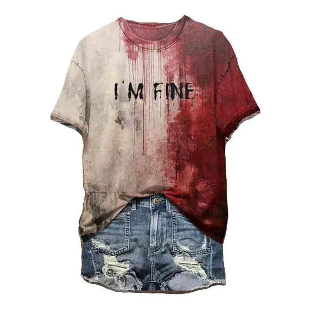 I'm Fine Bloody T-shirt Problem Solved Halloween Merch Shirts Crewneck Short Sleeve Custom DIY Tee Women Men Streetwear Tops