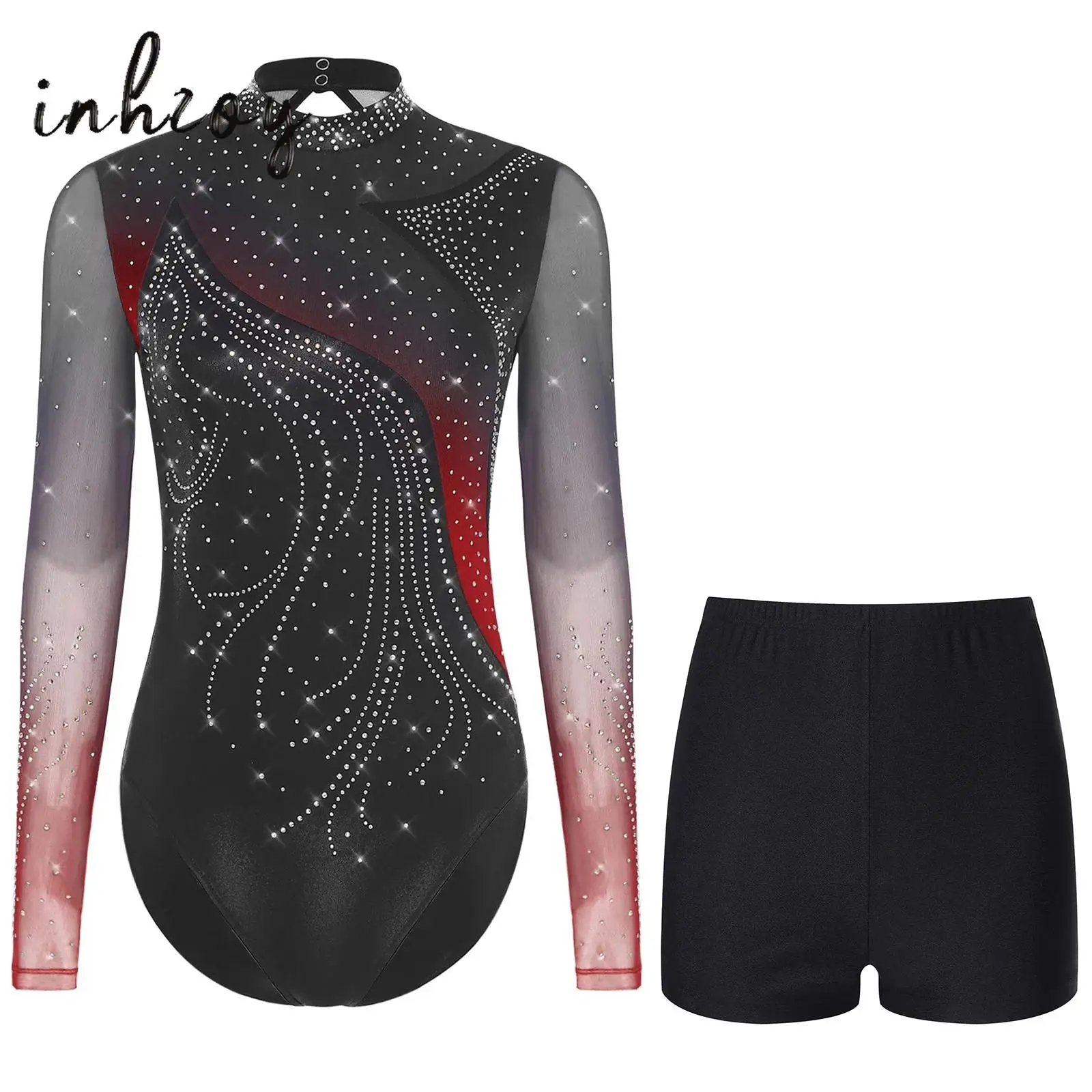 

Womens Figure Skating Bodysuit Outfit Rhinestone Long Sleeve Hollow Out Leotard+Shorts Set for Latin Salsa Tango Dance Ballroom