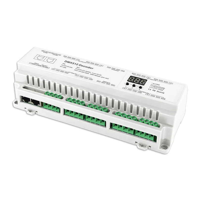 New Led DMX Decoder DC12V 24V Input;12 24 32 40 Channel Output RGB RGBW Strip Green Terminal LED Screen Din Rail DMX512 Slave