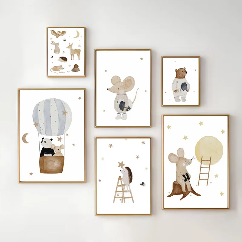 Boho Cartoon Bear Panda Mouse Balloon Aeroplane Poster Children's Room Kindergarten Nursery Canvas Painting Home Decor Wall Art