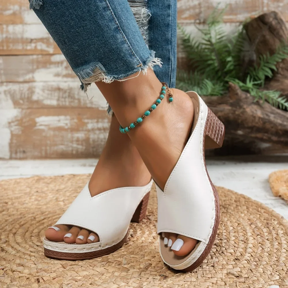 Women Chunky Block Heel Mule Sandals Open Toe Metallic Upper Turquoise Gem Decor Slip on Platform Slippers Ladies Summer Casual