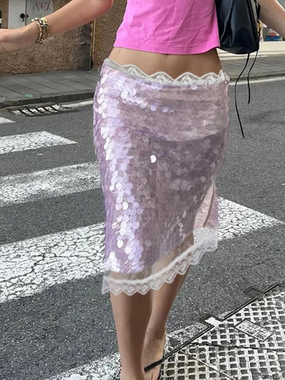 

Romore Sexy Lace Splice Bodycon Skirt iny Sequins Women's Romantic Sle Low Waist Polyester Casual Skirt