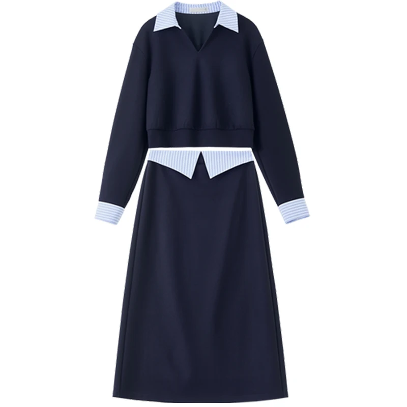 SENTUBILA Women's Mock Two-Piece Set Cropped Knit Top & A-Line Skirt 2025 Autumn Minimalist Commuter Outfit 153ZH2461