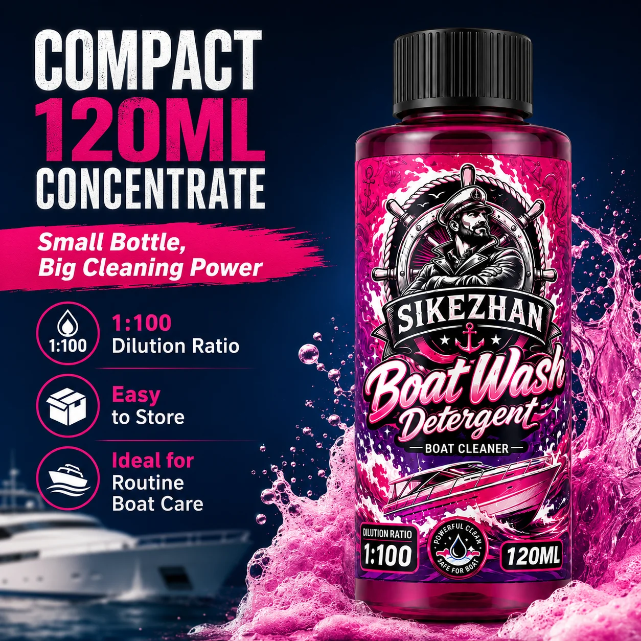High Dilution 1:100 Ratio Concentrated Boat Wash Detergent, 120ml Marine Hull Cleaner Soap for Yacht Vessel Maintenance Tools