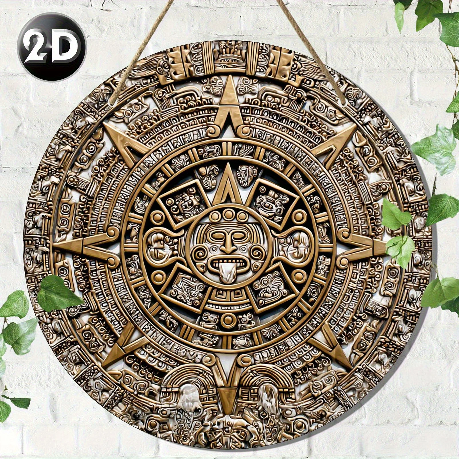 2D Flat - A 2D Artwork Featuring a Round Wooden Sign Inspired by Mayan Culture, Designed for Vintage Decoration. This High-Defin