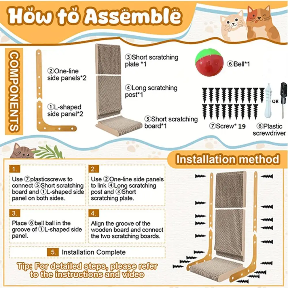 L Shape Cat Scratcher, 23.6 Inch Large Veal Scratching Board Wall Mounted, Durable Cardboard Scratch Pad with Ball Toy - Protect
