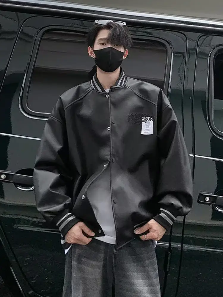 

Retro American PU Leather Jaet Men's Windproof Embroidered Baseball Sle Couple's Outerwear Long Sve Button Closure