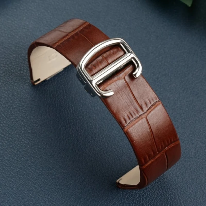 For Car-tier Santos Series W2007051 W2006951 Men Women Built in steel head particles Cowhide Leather Strap Watchband 18mm 21mm