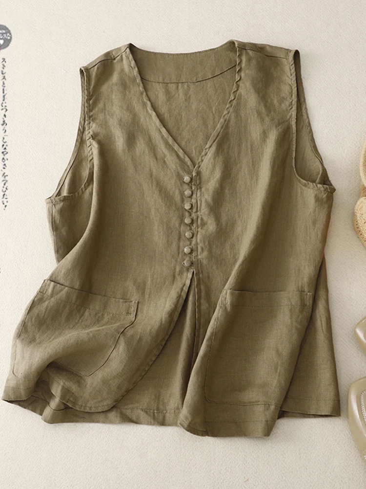 

Casual Cotton Linen Vest Women's Thin Sle Jaet Outerwear V-ne Single Button Closure Pure Color Commute Suitable