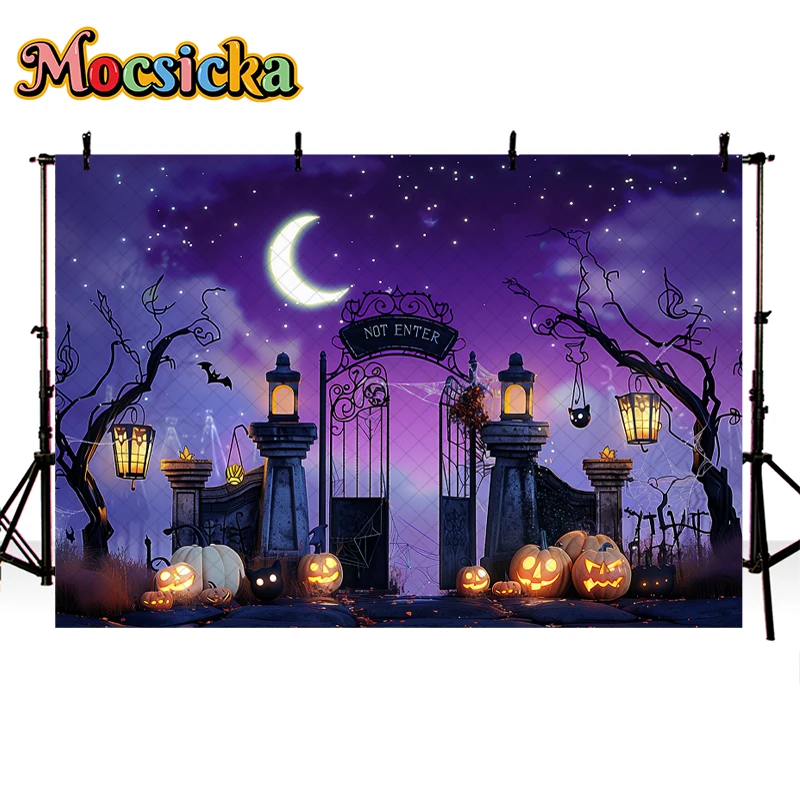 Mocsicka Halloween Cemetery Pumpkin Backdrop Child Baby Photocall Props Adult Kids Birthday Photography Gone Bat Background