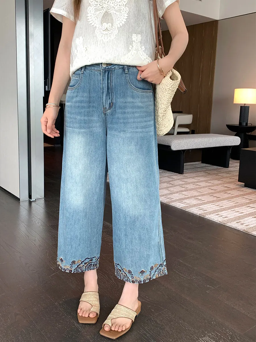 

Benxe Heavy Embroidery Wide Leg Jeans Women's Loose Fit High Waist Straight Cut Cotton Summer Commute Sle Denim Skinnies