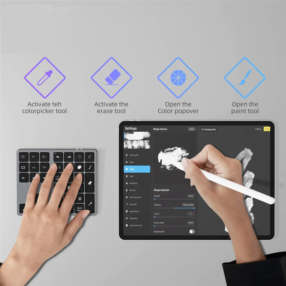 لوحة مفاتيح بلوتوث مع لوحة أرقام Procreate بإضاءة خلفية قابلة لإعادة الشحن، اختصارات رسم لوحة المفاتيح لأجهزة iPad Graphic Tablets-B