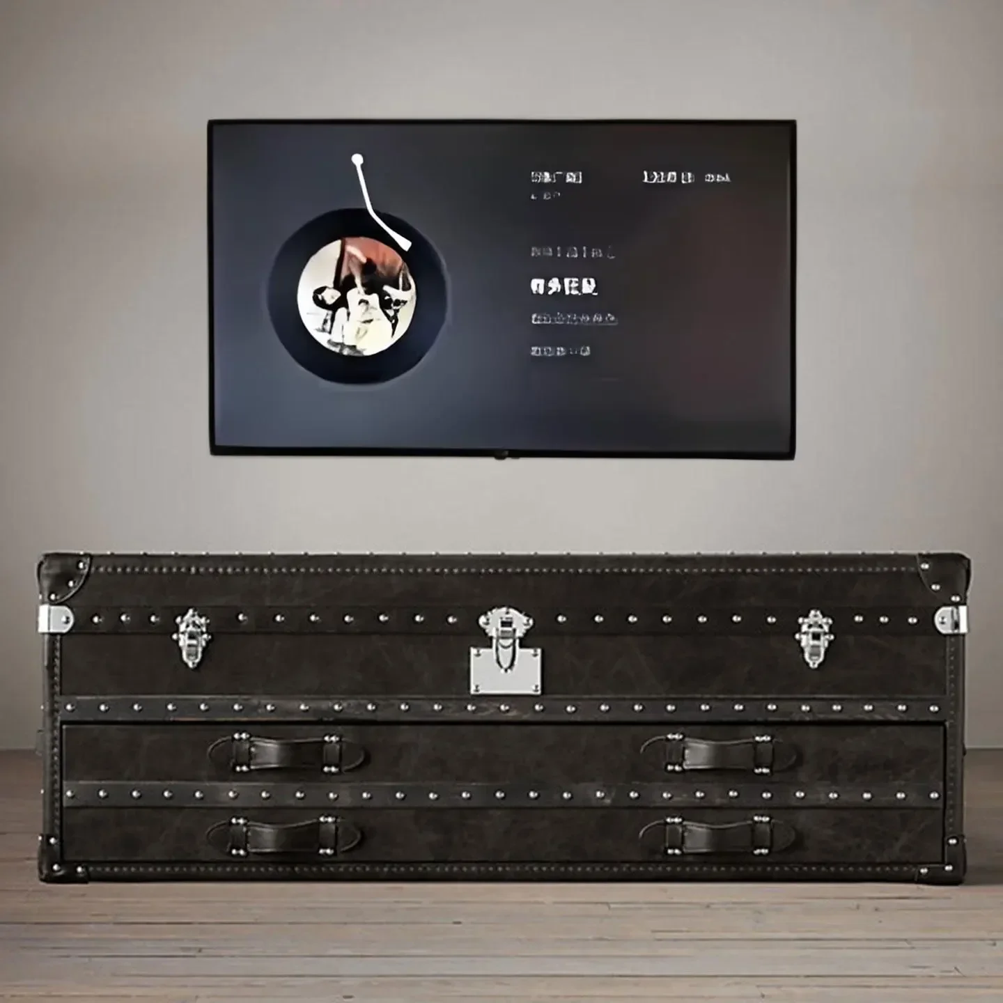 Leather TV cabinet retro industrial wind rivet black leather case living room audio-visual cabinet