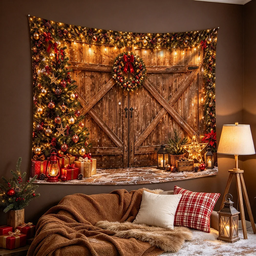 1PCS Tapestry, Wooden Barn Door Christmas Tree Lights Gifts Lantern Scene, Holiday Party Decoration for Home Studio Wall