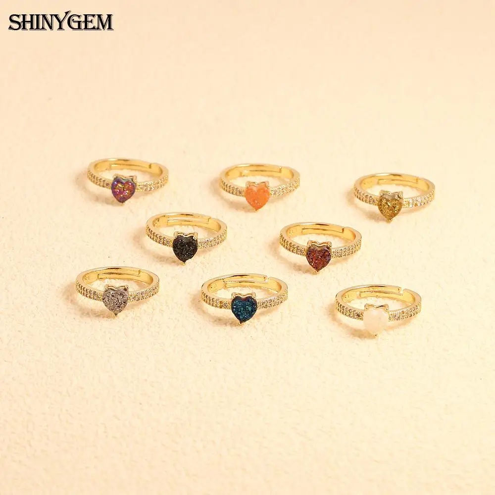 ShinyGem Natural Druzy Women Resizable Ring Heart Shaped Jewelry Blue Crystal Tooth Energy Cleansing Gift Party Wedding Ring