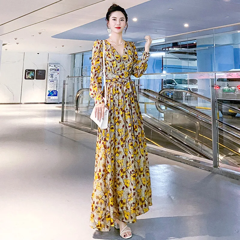 

Floral Dress For Women Spring Autumn 2024 New V-Neck Full Sleeve Waist Elegant Luxury Party Vestidos Fashion A-Line Long Dresses