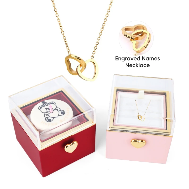 

Surprise Bear Candle Cake Gift Box – Flip Birthday Box with Custom Engraved Name Heart Necklace