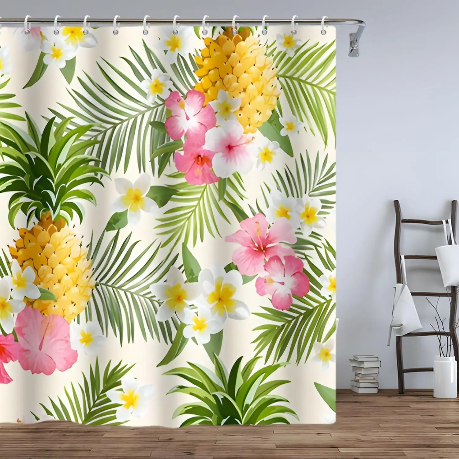 

Tropical Shower Curtain Green Palm Leaves Hibiscus Red Flowers Pineapple Shower Curtains for Bathroom Watercolor Art Botanical