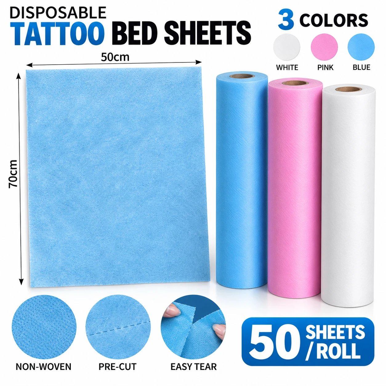 50pcs Roll Disposable Tattoo Bed Sheets Non Woven Table Cover Pre Cut Beauty Salon Bed Cover for Tattoo Spa Lash Studio