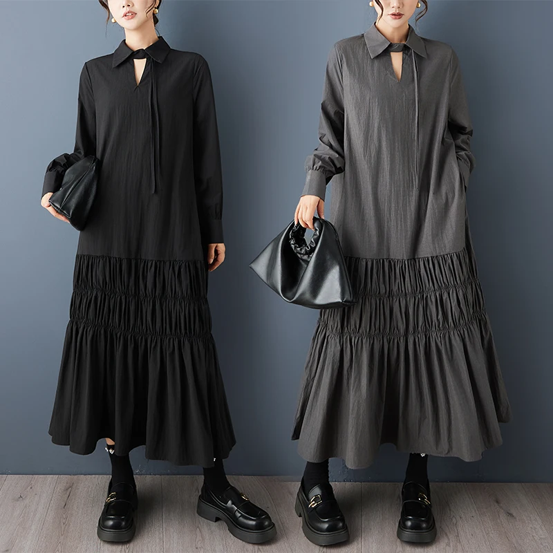 Elegant Dark Fashion Long Dress with Sash Drifting Style Simple Match All Seasons Women's Clothing Commute Style Long Sleeve
