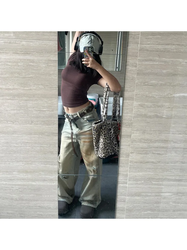 Pantaloni in denim da donna Y2K Distress Eclectic Dritto Grunge Street Jeans retrò a vita alta Pantaloni Emo vintage lavati casual anni 2000
