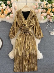 Women Gold A-line Luxury Dress 90s Vintage Long Sleeve Long Evening Dresses Y2k Elegant One Piece Frocks 2000s Coquette Clothes