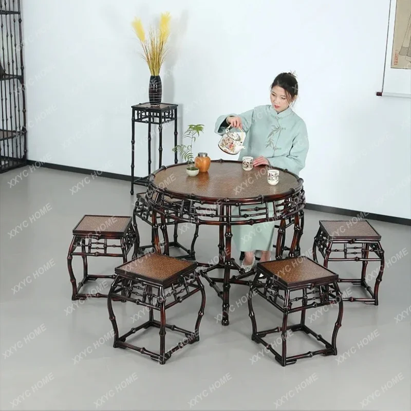 XX Antique Tang Style Drum Table Balcony  Bamboo Woven round Tea Table Household Tea Brewing Tea