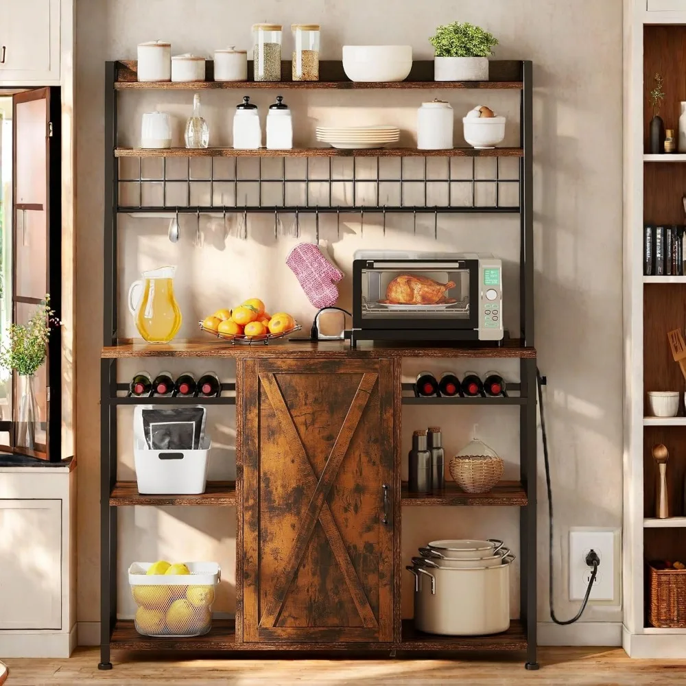 رف خباز كبير مقاس 47 بوصة على طراز المزرعة مع مخرج طاقة وتخزين، وخزانة بار القهوة، وحامل ميكروويف للمطبخ