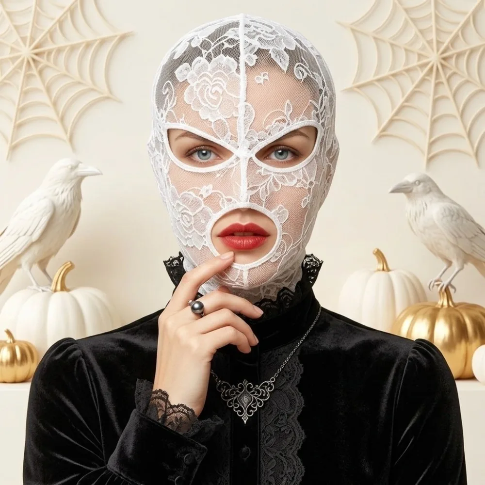 Washable Vintage Halloween Head Cover Quick-dry Breathable Unisex Full Face Headgear Elegant Cosplay Gothic Lace Mask Party