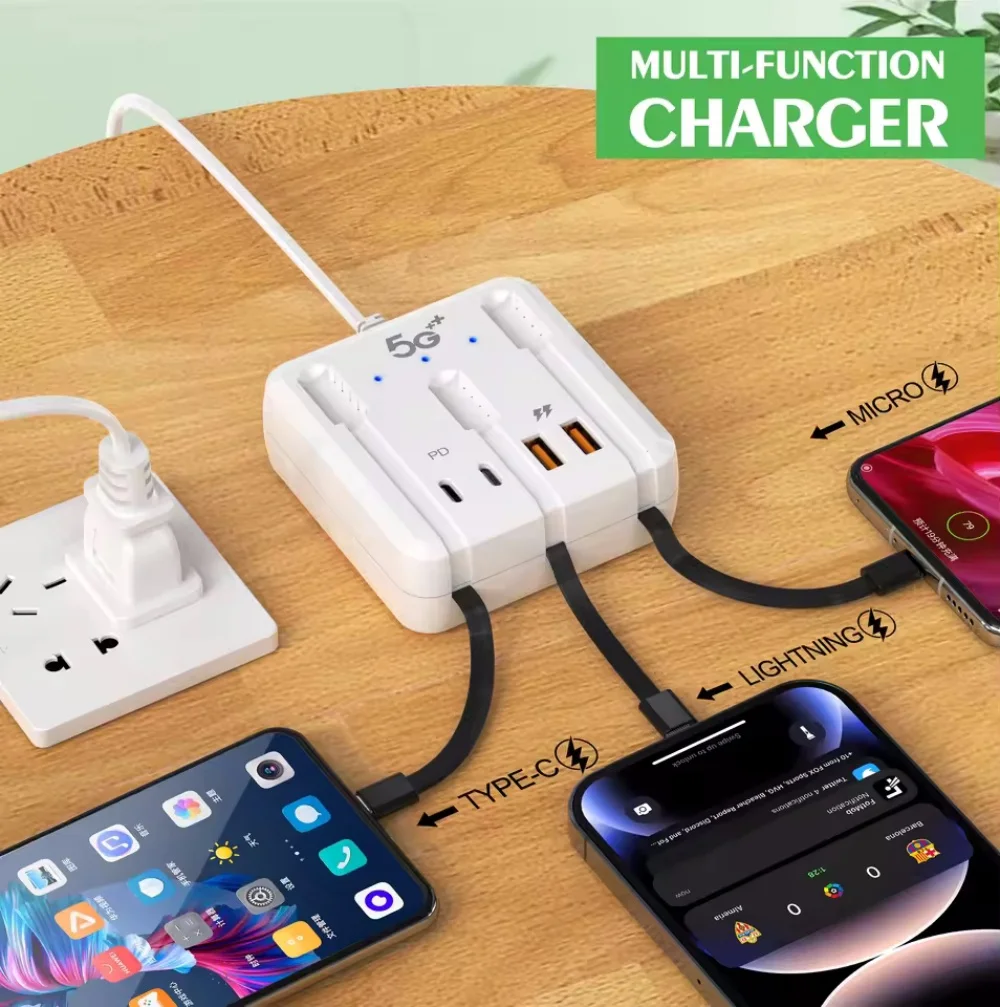 Cargador USB C PD de 66W y 4 puertos, estación de carga rápida, tira de alimentación divisora con Cables de carga, adaptador de concentrador USB tipo C, cargador rápido