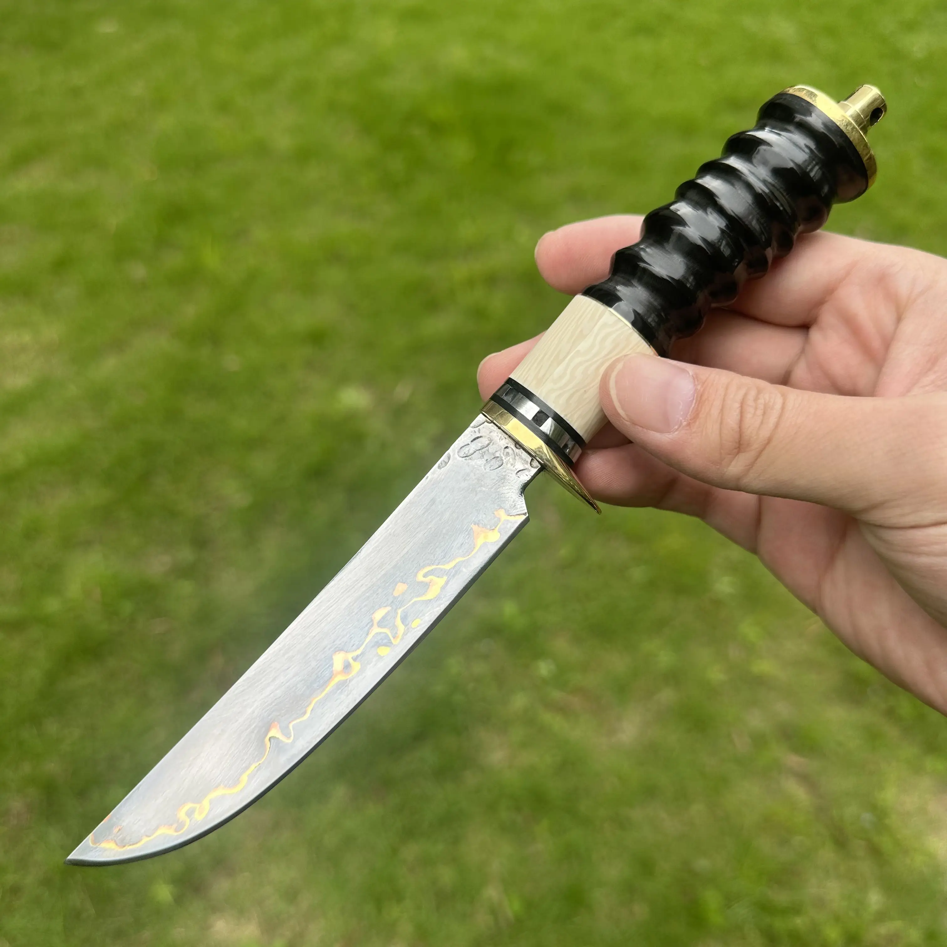 Topwell Handmade Knife Premium Copper Damascus Blade Bull Horns & Ivory Handle Nice Sheath For Collection Fans Outdoor Camping